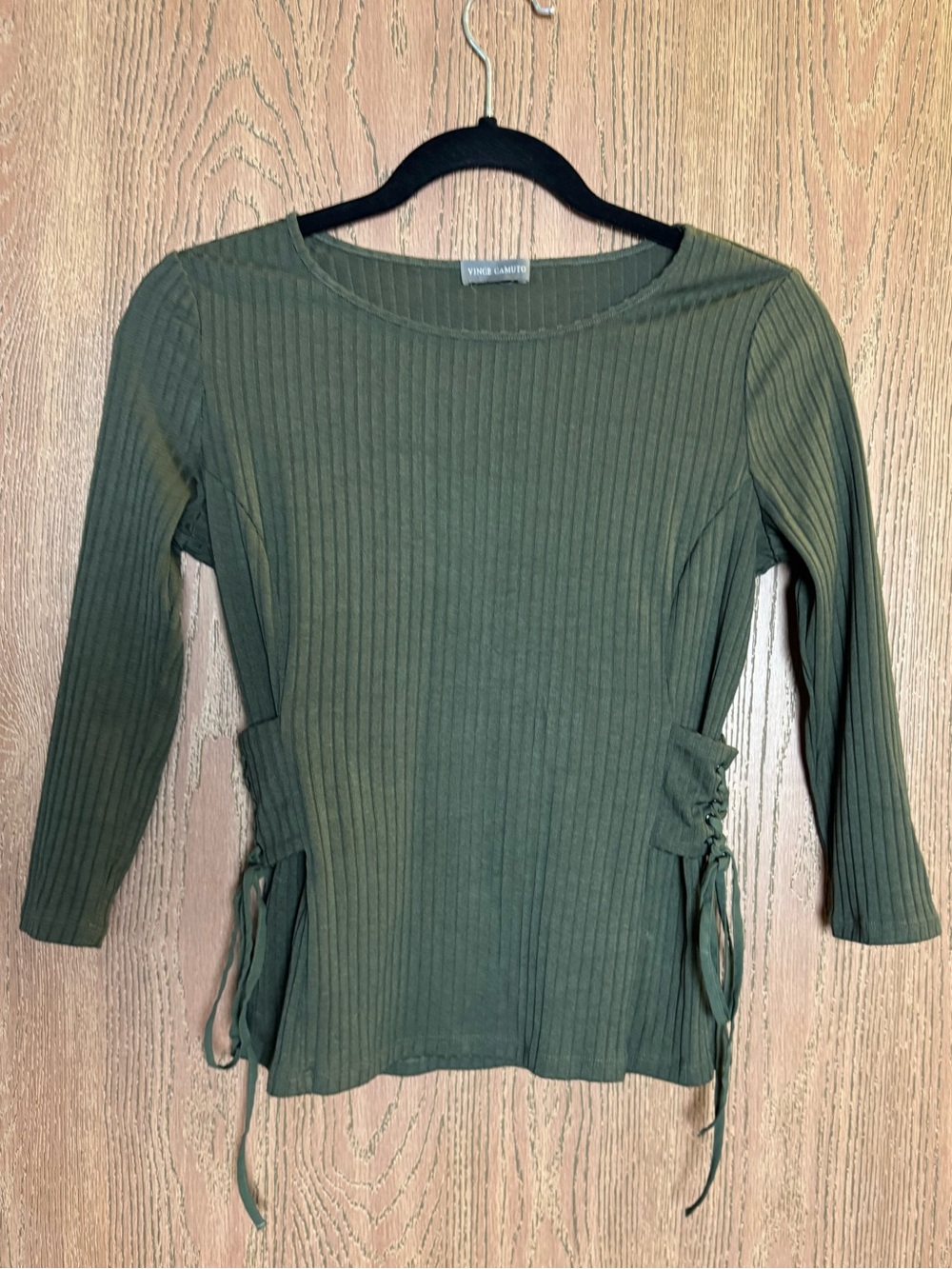 Vince Camuto Olive Ribbed Side-Tie Long Sleeve Top